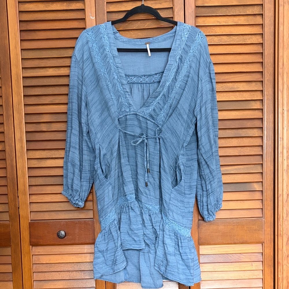 Free People Blue Tunic Mini Dress w/ Lace Medium